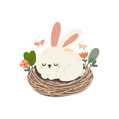 Cute Bunny in nest vector illustration. Perfect design element for Easter greeting card, poster, social media post, cover.