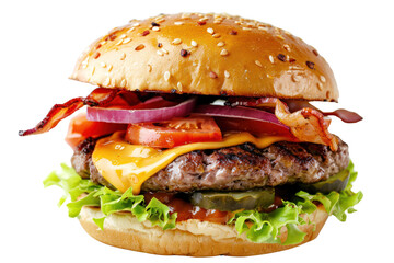 Delicious burger containing cheese, bacon, onion, cucumbers, tomatoes and lettuce,
.isolated on white background