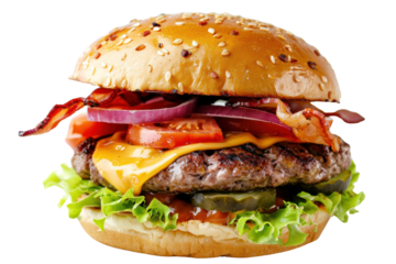 Delicious burger containing cheese, bacon, onion, cucumbers, tomatoes and lettuce,
.isolated on white background