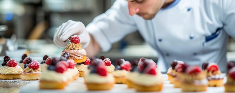 Pastry chef with white hat is finishing a sweet dessert in modern kitchen