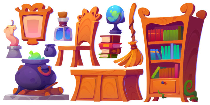Magic wizard school furniture and equipment. Cartoon medieval class room interior elements - witch cauldron with potion, wooden table and chair, cabinet with books and broom stick, candle and orb.