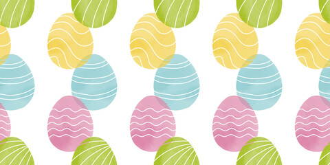 Cute illustration with colorful Easter eggs with watercolor texture, spring banner