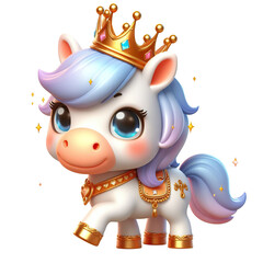 3D cartoon very cute little horse with the crown isolated white background PNG