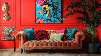 A lively and inviting living room scene featuring a couch adorned with a variety of colorful decorative pillows, under a bright floral art piece.