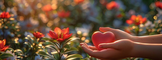 Hands over heart in a gesture of spiritual healing, nature background, close-up, tranquil setting, soft morning light - obrazy, fototapety, plakaty