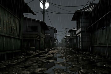  Illustration of a Japanese village at night with full moon - obrazy, fototapety, plakaty