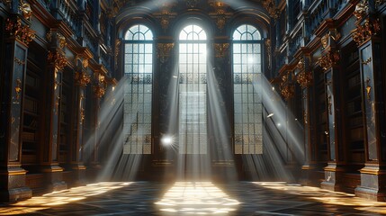Ancient library, rays of light through windows, wide shot, metaphor for illumination, warm tones, dust motes dancing