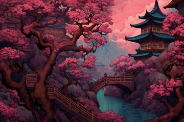Chinese temple in the mountains with cherry blossom,  Digital painting