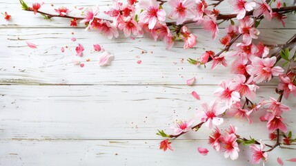 Cherry blossoms on wooden white background