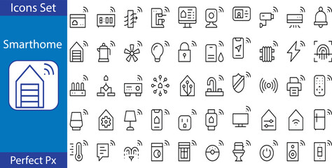 Simple Set of Smart House Related Vector Line Icons. Contains such Icons as Fan Control, Camera, Light Settings, Humidity and more - obrazy, fototapety, plakaty