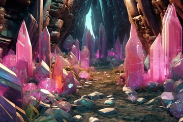  render of a fantasy landscape with a path and colorful crystals - obrazy, fototapety, plakaty
