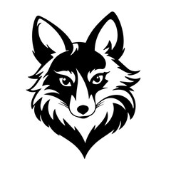  drawing of a wolf head with a black face and a white background.