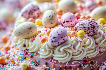 A decorated Easter cake adorned with intricate icing designs, sprinkles, and chocolate eggs, wallpaper background