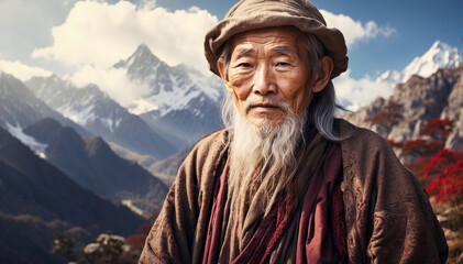 Asian wise old man in the mountains