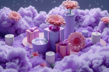 Gift boxes and flowers on purple background,   rendering
