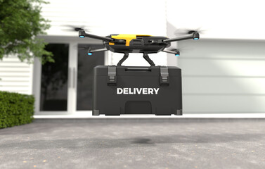 Delivery drone, Autonomous delivery robot, Business air transportation concept. 3D illustration
