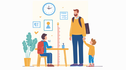Kindergarten teacher or father measuring boy kid heig