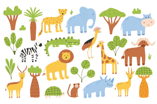 Set of safari animals. Jungle animals collection. African animals. Vector illustration. Flat style.