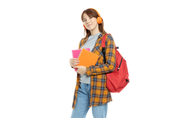 PNG, girl with books in her hands, isolated on white background