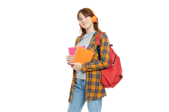 PNG, girl with books in her hands, isolated on white background