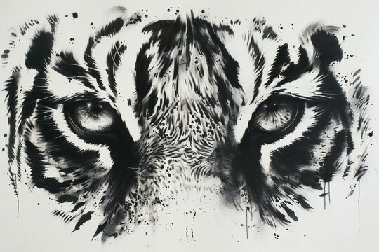 Tiger head, black and white painting on white paper background