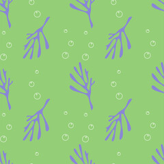 Sea pattern with corals and air bubbles, ocean marine green background.