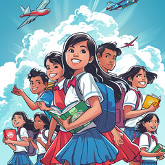 International Youth Day Watercolor illustration with young people of various ethnicities celebrating Youth day 