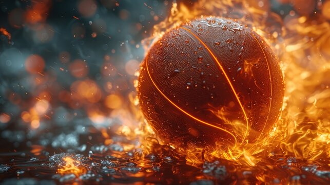 burning basket ball in the street, hyper realistic photo