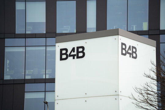 B4B logo sign. Bonarka for Business office complex in Krak&oacute;w. Corporate buildings centre, near the Bonarka City Center Cracow. Signage with brand logotype on March 2, 2024 in Krakow, Poland.