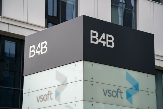 B4B logo sign. Bonarka for Business office complex in Krak&oacute;w. Corporate buildings centre, near the Bonarka City Center Cracow. Signage with brand logotype on March 2, 2024 in Krakow, Poland.