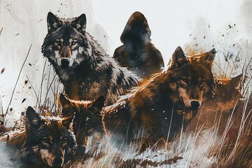 Digital painting of howling wolf and howling wolves in the wild - obrazy, fototapety, plakaty