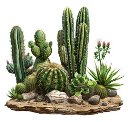 Assorted cacti and succulents with different textures isolated on transparent background