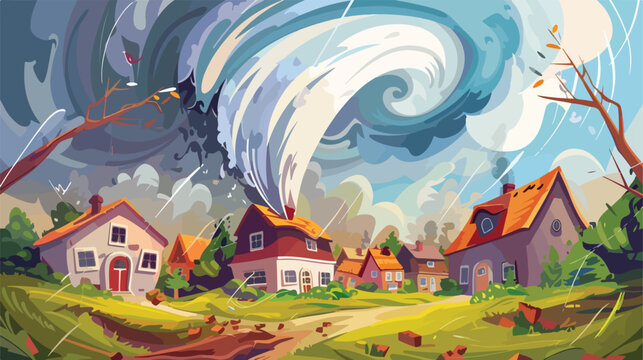 Swirling Tornado in village. Hurricane destroying hous