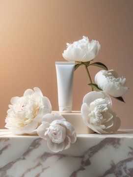 A white tube of lotion is placed on a table next to a bunch of white flowers