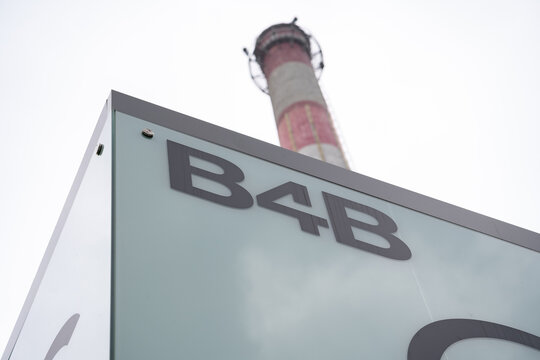 B4B logo sign. Bonarka for Business office complex in Krak&oacute;w. Corporate buildings centre, near the Bonarka City Center Cracow. Signage with brand logotype on March 2, 2024 in Krakow, Poland.