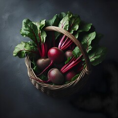 A top view basket of beets and greens on a black surface with a dark background