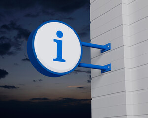 Information icon on hanging blue rounded signboard over sunset sky, Business customer service and support concept, 3D rendering