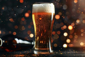 Glass of beer and bottle on dark background with bokeh effect - obrazy, fototapety, plakaty