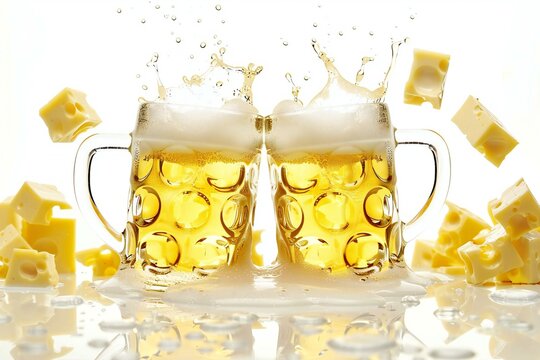 Two mugs of beer with cheese and pieces of cheese on a white background