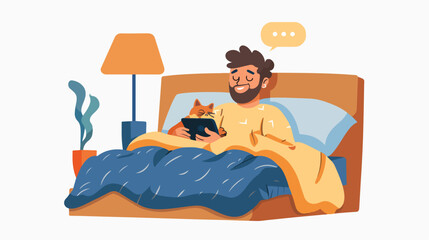 Man texting at night flat vector illustration. Guy