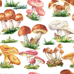 Mushrooms seamless repeat pattern vintage watercolour illustration 