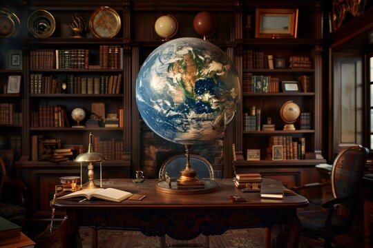 A globe in a vintage dimly lit study, surrounded by antique books, maps, and scholarly artifacts