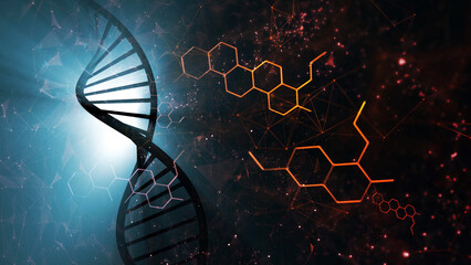 DNA cell strand with gold chemical elements. Dark background with shining glowing particles. Illustration.