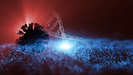 Dna molecule and coronavirus Covid-19 on modern science copy space illustration background.