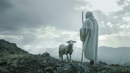 a pure white lamb standing next to a biblical looking shepherd in a white rob holding a staff,  ead...