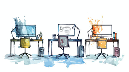 Three Four Workplaces working desks. Point of view on - obrazy, fototapety, plakaty