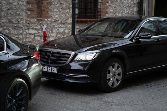 Presidential motorcade transporting Polish president in Krak&oacute;w. SOP Służba Ochrony Państwa. Procession of vehicles, including official state car and security on March 27, 2024 in Krakow, Poland.