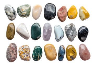 Pile colorful rounded sea pebbles and sand, rocks
.isolated on white background