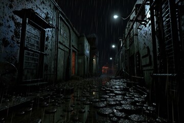 Abandoned city at night,   rendering,   digital drawing - obrazy, fototapety, plakaty
