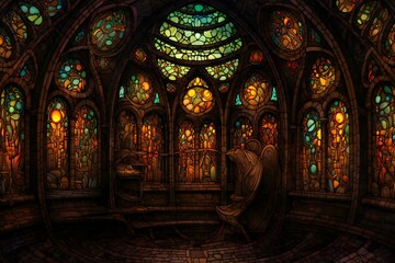Fototapeta na wymiar Interior of a church stained glass window, digitally rendered illustration